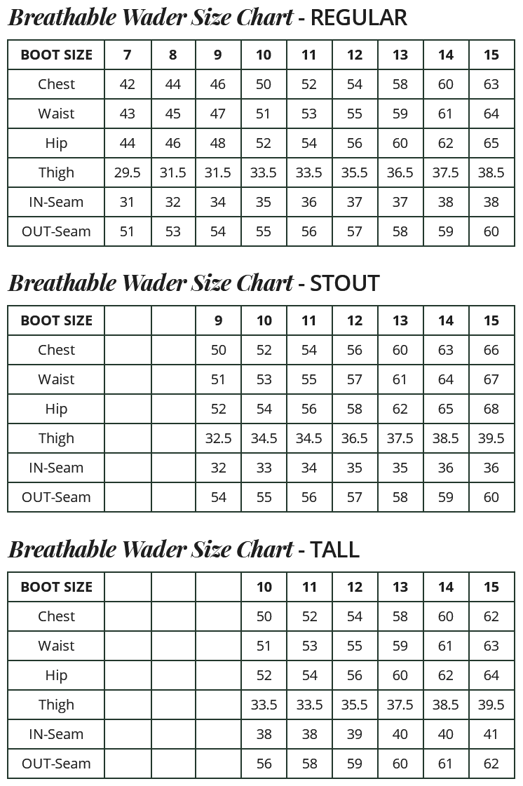 Bone Dry Waders Size Chart